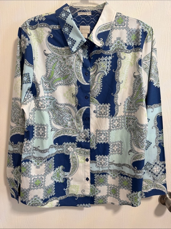 Chico's Tops - Chicos Button Down Long Sleeve Women’s 3 XL No-Iron Blue Green Pattern Top Shirt